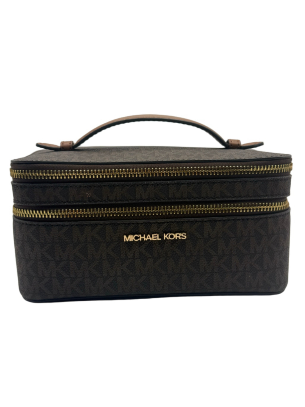Michael Kors Jet Set Travel Double Zip Cosmetic Case Brown MK Signature Gold